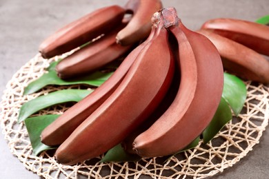 Photo of Tasty red baby bananas on grey table, closeup