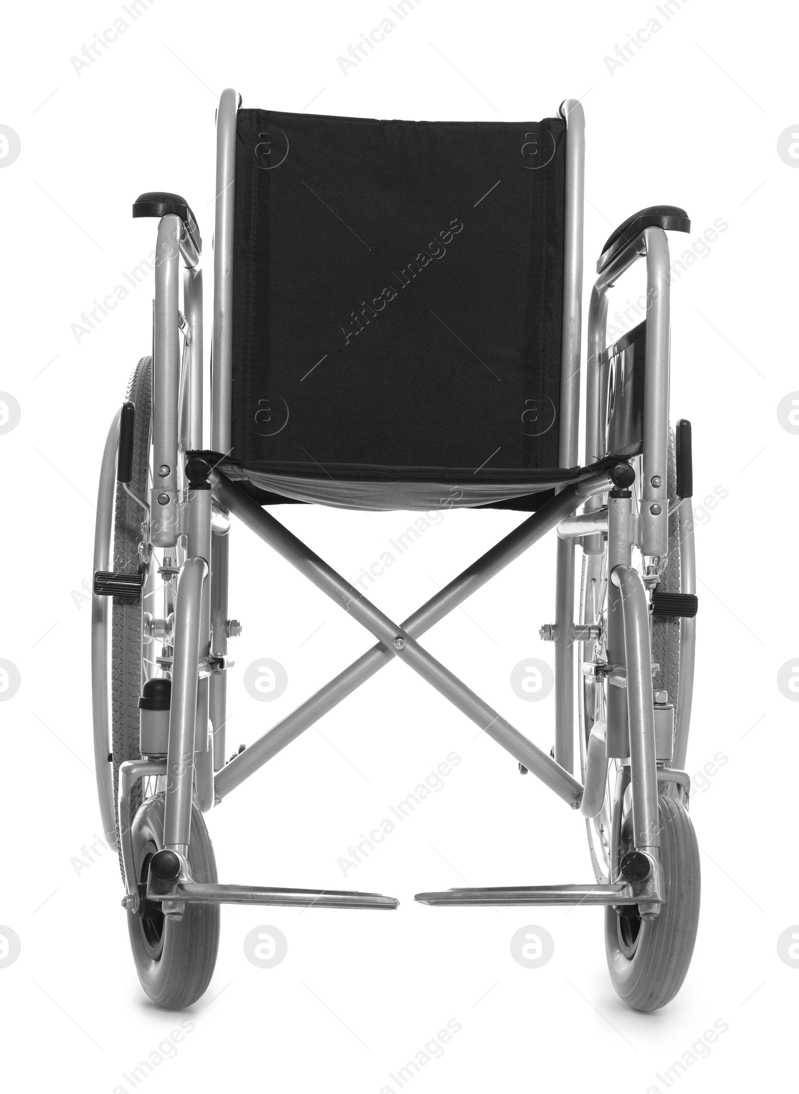 Photo of New modern empty wheelchair on white background