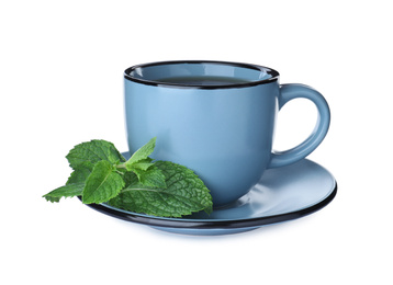 Photo of Cup with hot aromatic mint tea isolated on white