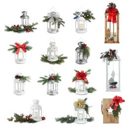 Image of Set with beautiful decorative Christmas lanterns on white background 