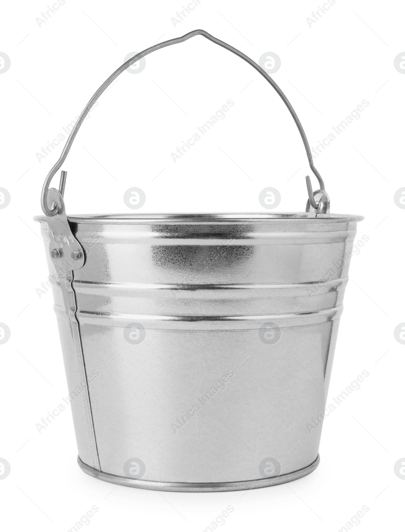 Photo of One shiny metal bucket isolated on white