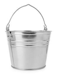 Photo of One shiny metal bucket isolated on white