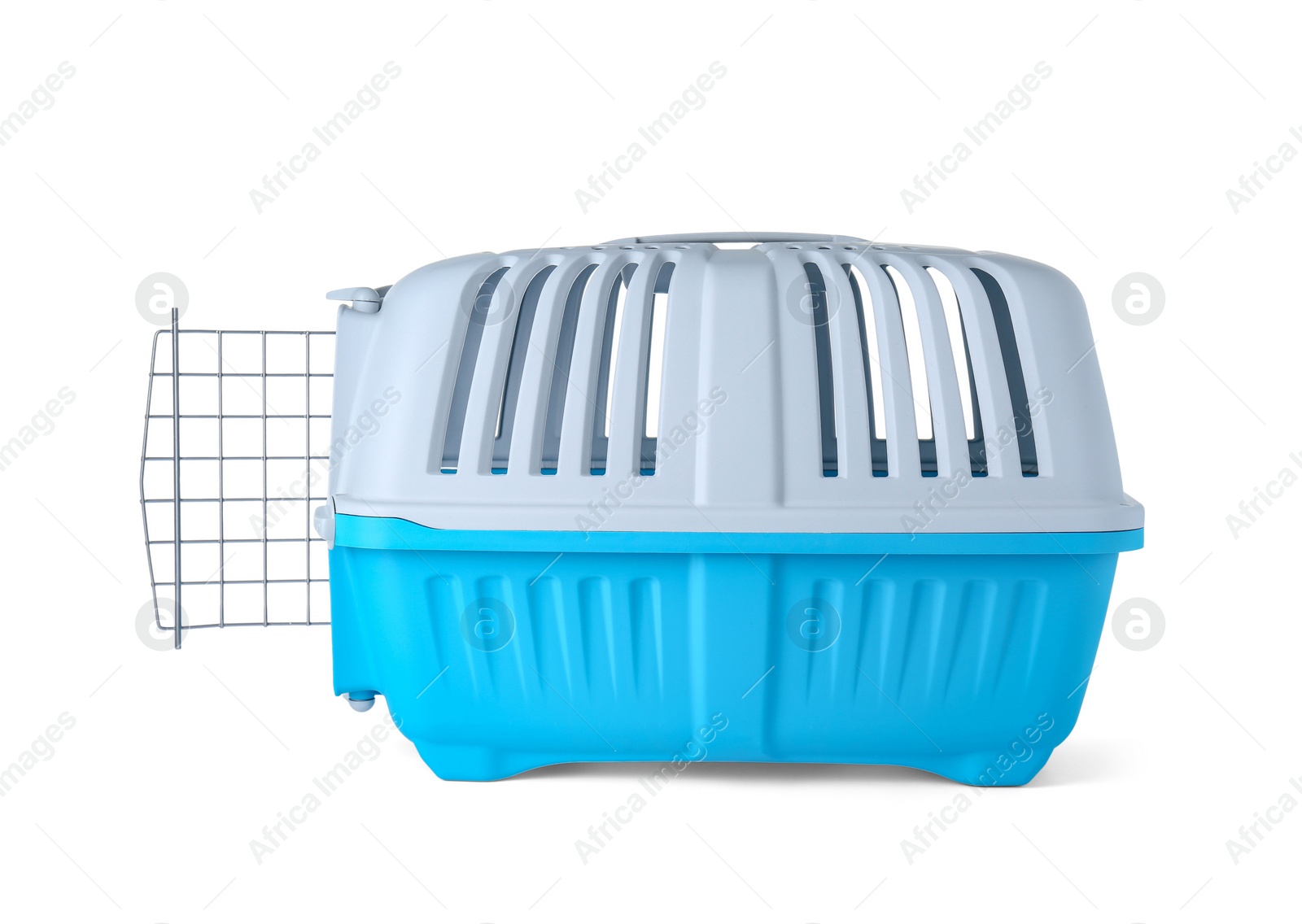 Photo of Light blue pet carrier isolated on white