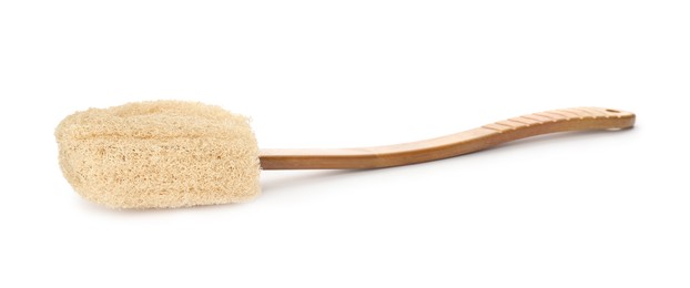 Photo of Natural loofah brush with wooden handle isolated on white