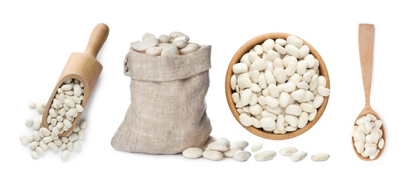 Set with uncooked beans on white background. Banner design