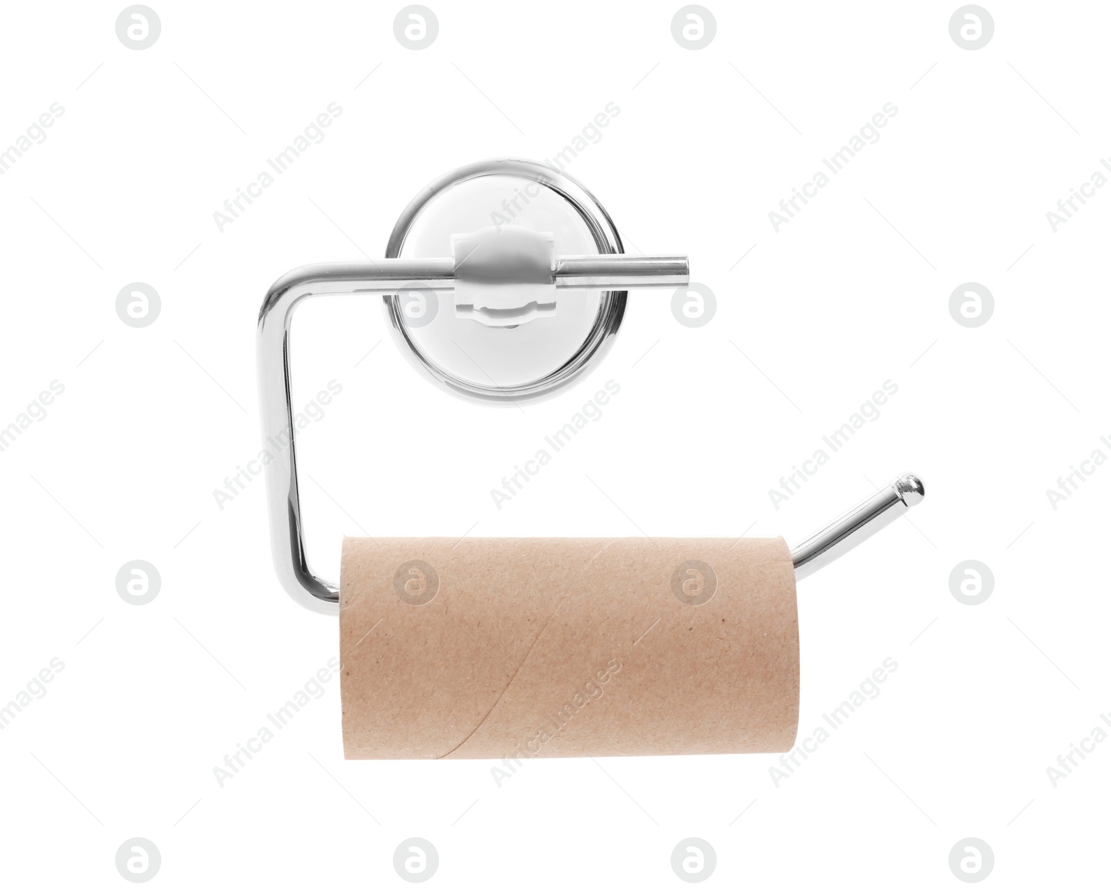 Photo of Holder with empty toilet paper roll on white background