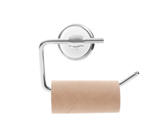 Photo of Holder with empty toilet paper roll on white background