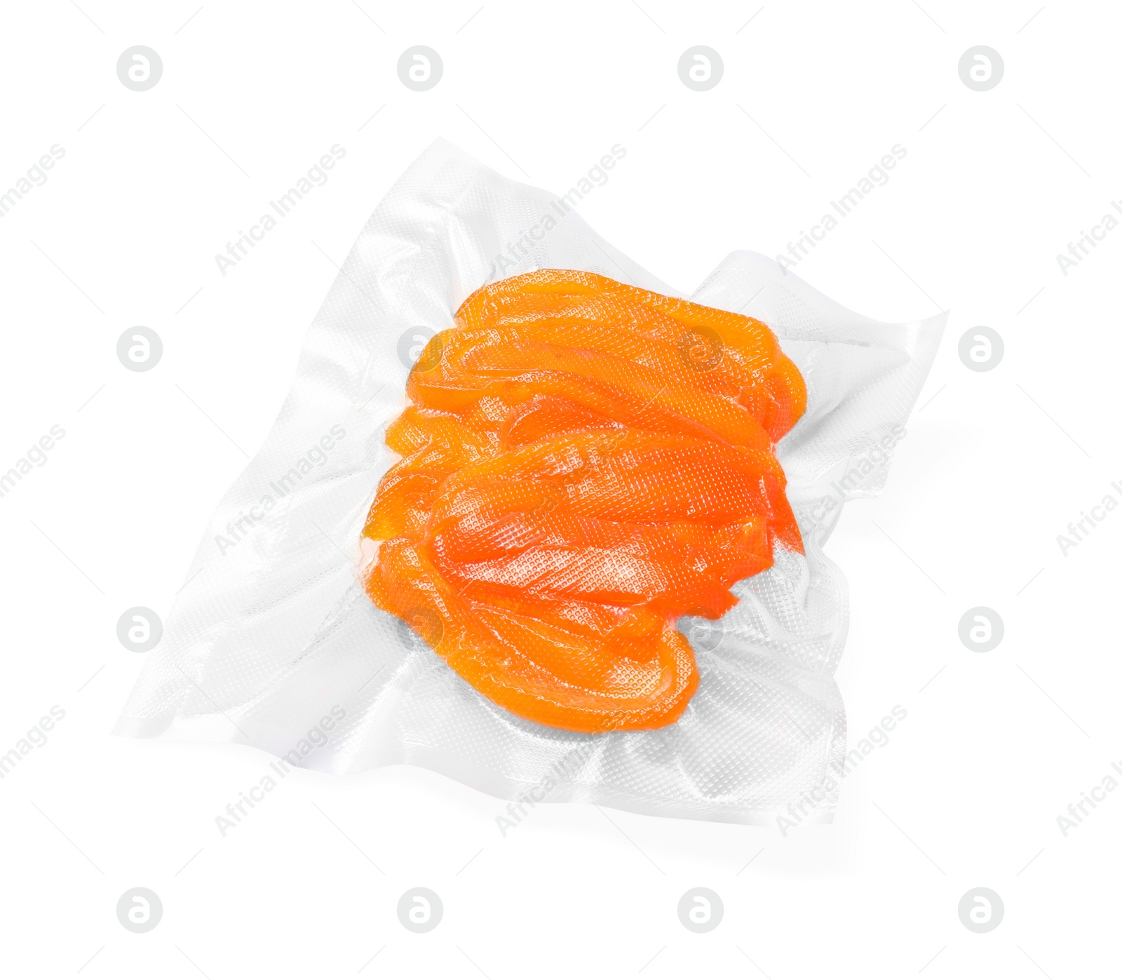 Photo of Vacuum pack of bell pepper isolated on white