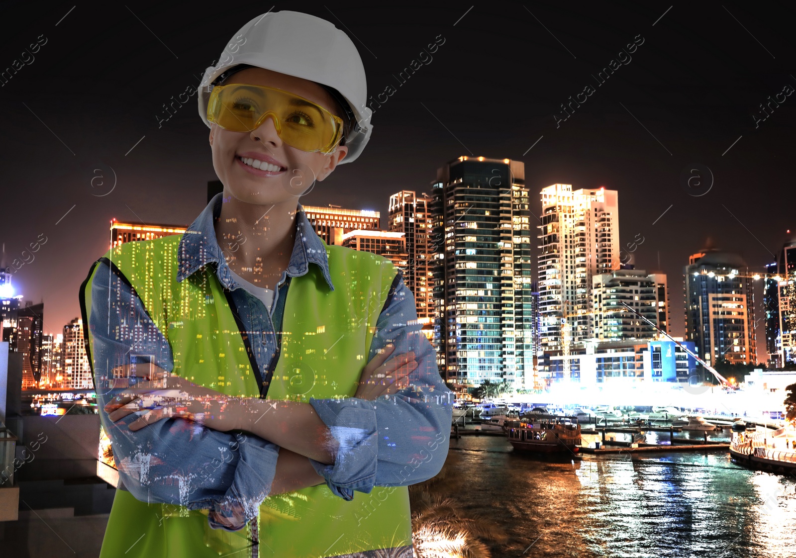 Image of Double exposure of engineer and city at night