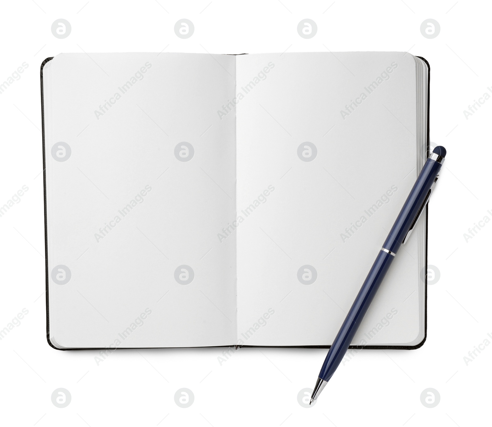 Photo of Open notebook with blank pages and pen isolated on white, top view