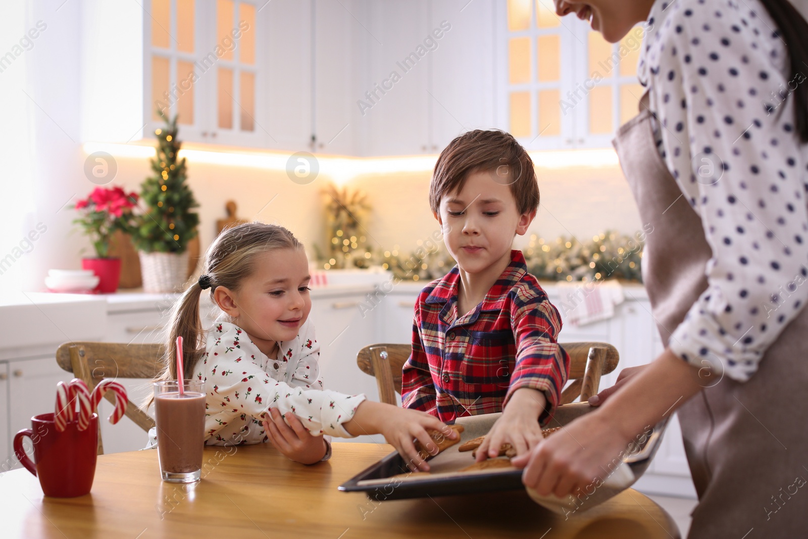 Photo of Mother giving her cute little children freshly baked Christmas cookies in kitchen