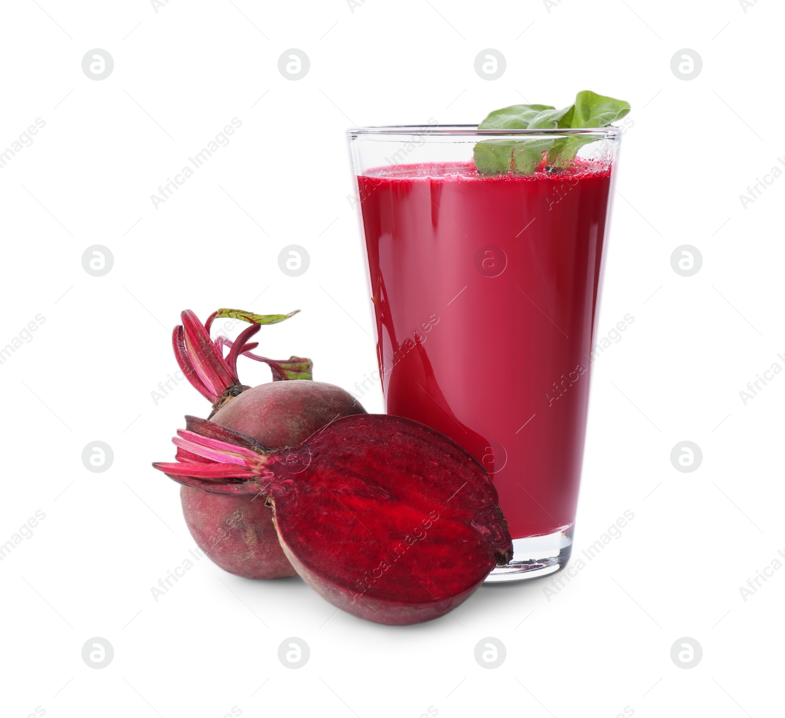 Photo of Fresh beets and juice isolated on white