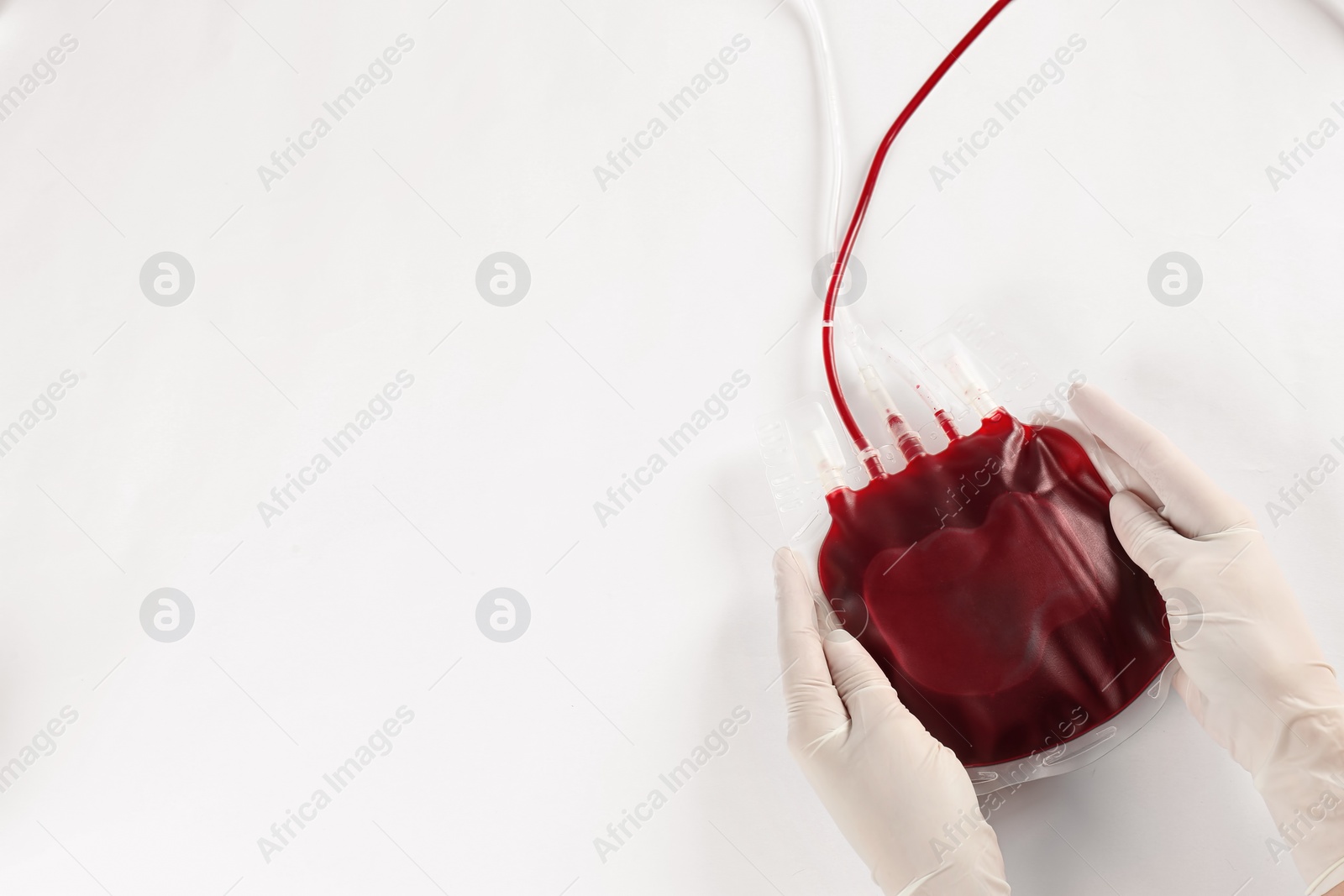 Photo of Doctor in gloves holding blood pack on white background, top view. Donation day