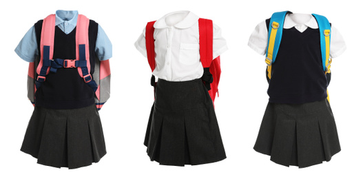 Set of school uniforms for girls on white background. Banner design 