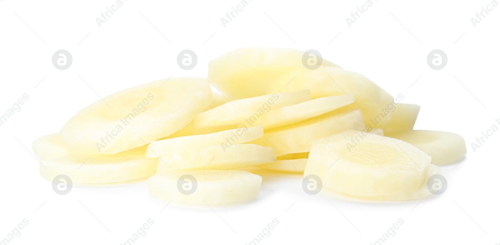 Photo of Pieces of raw carrot isolated on white