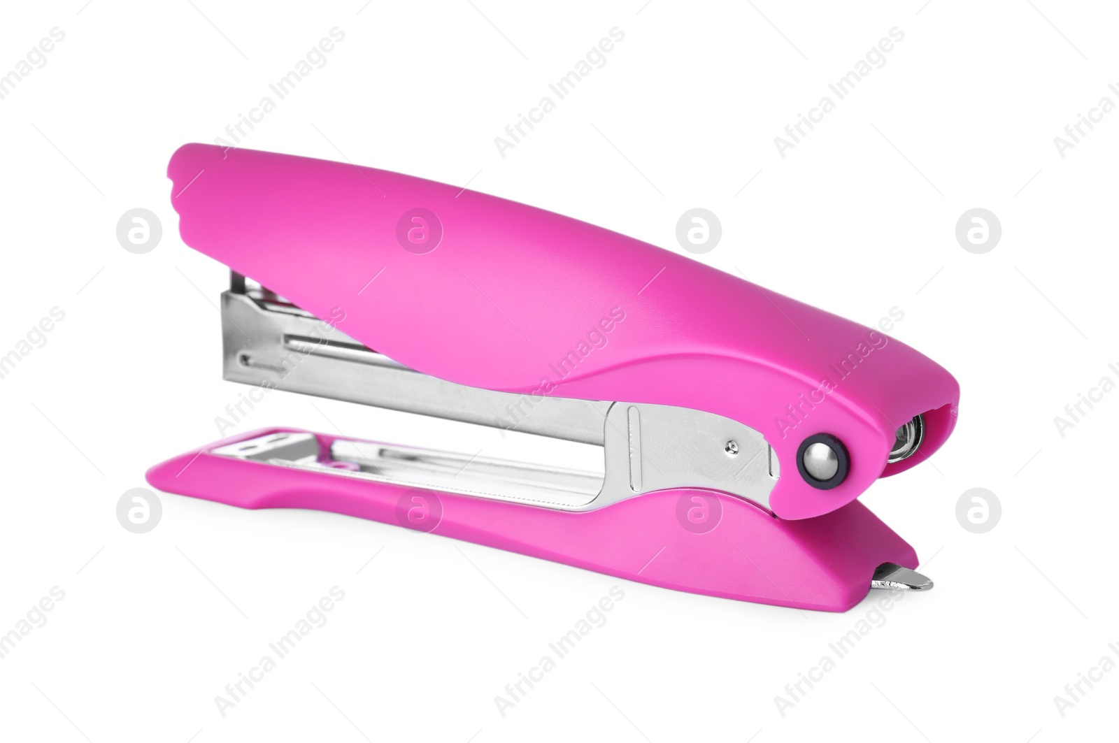 Photo of New bright pink stapler isolated on white