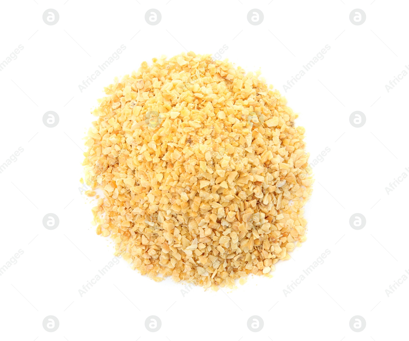 Photo of Pile of granulated dry garlic on white background, top view