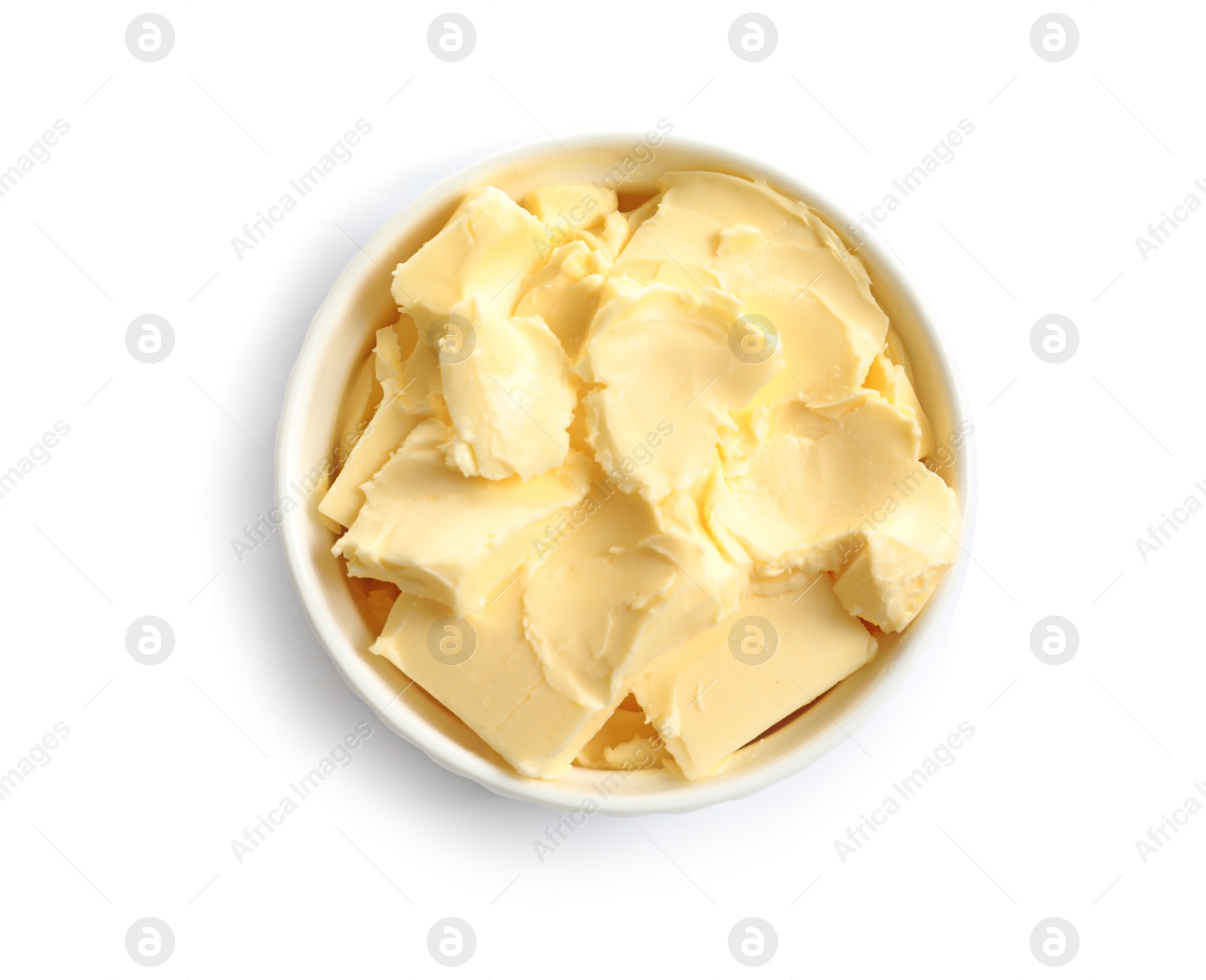 Photo of Bowl with fresh butter isolated on white, top view