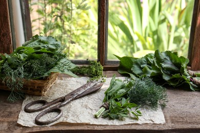 Photo of Different herbs and rusty scissors on window sill indoors