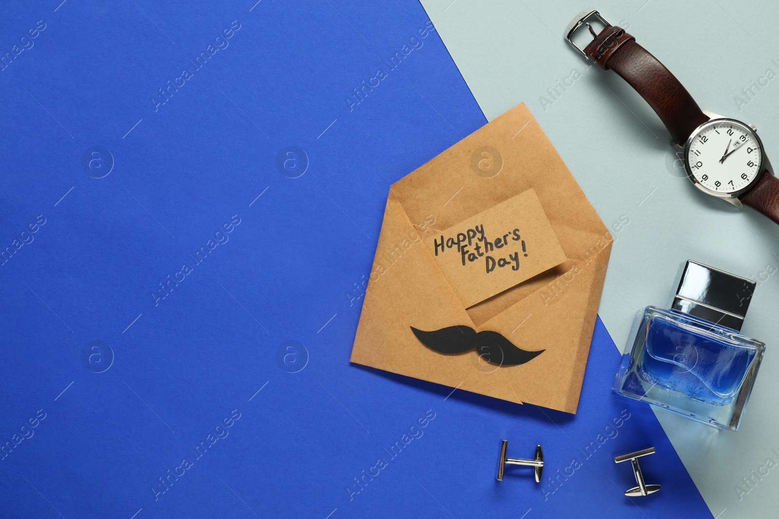 Photo of Card with phrase Happy Father's Day and different men accessories on color background, flat lay. Space for text