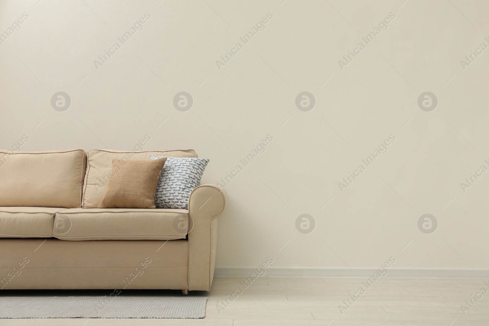 Photo of Comfortable sofa near beige wall in living room interior. Space for text