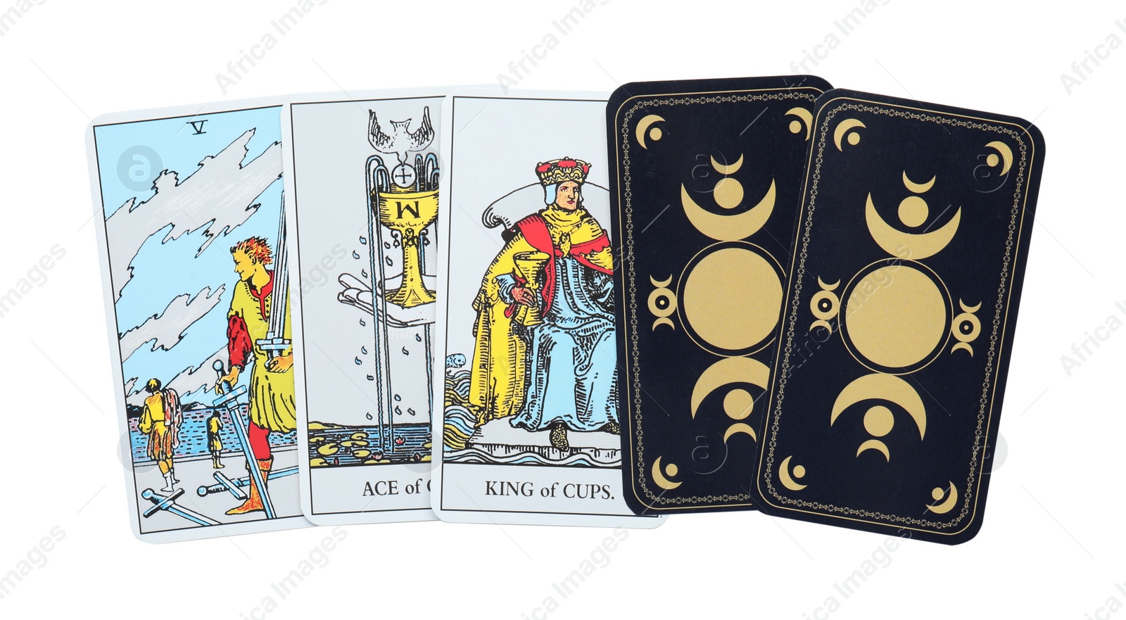 Photo of Tarot cards on white background, top view