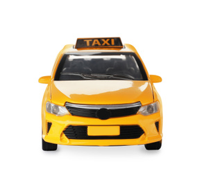 Photo of Yellow taxi car model isolated on white