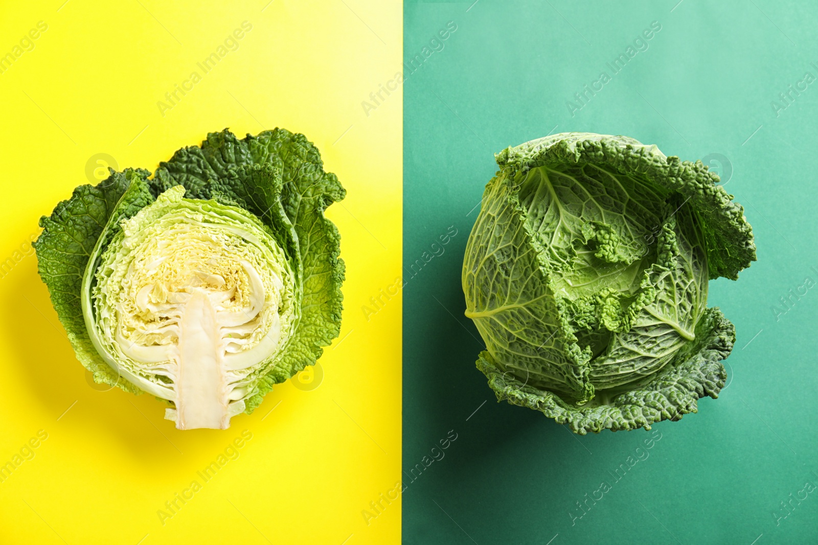 Photo of Fresh savoy cabbages on color background, flat lay