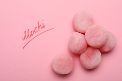 Photo of Flat lay composition with delicious mochi on pink background. Traditional Japanese dessert