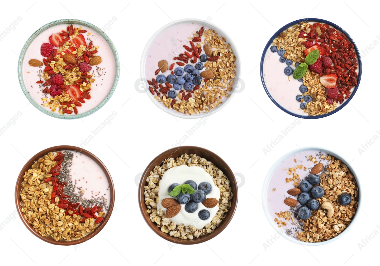 Image of Set of different granola breakfasts with berries on white background, top view