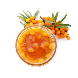 Photo of Delicious sea buckthorn jam in jar and fresh berries on white background, top view