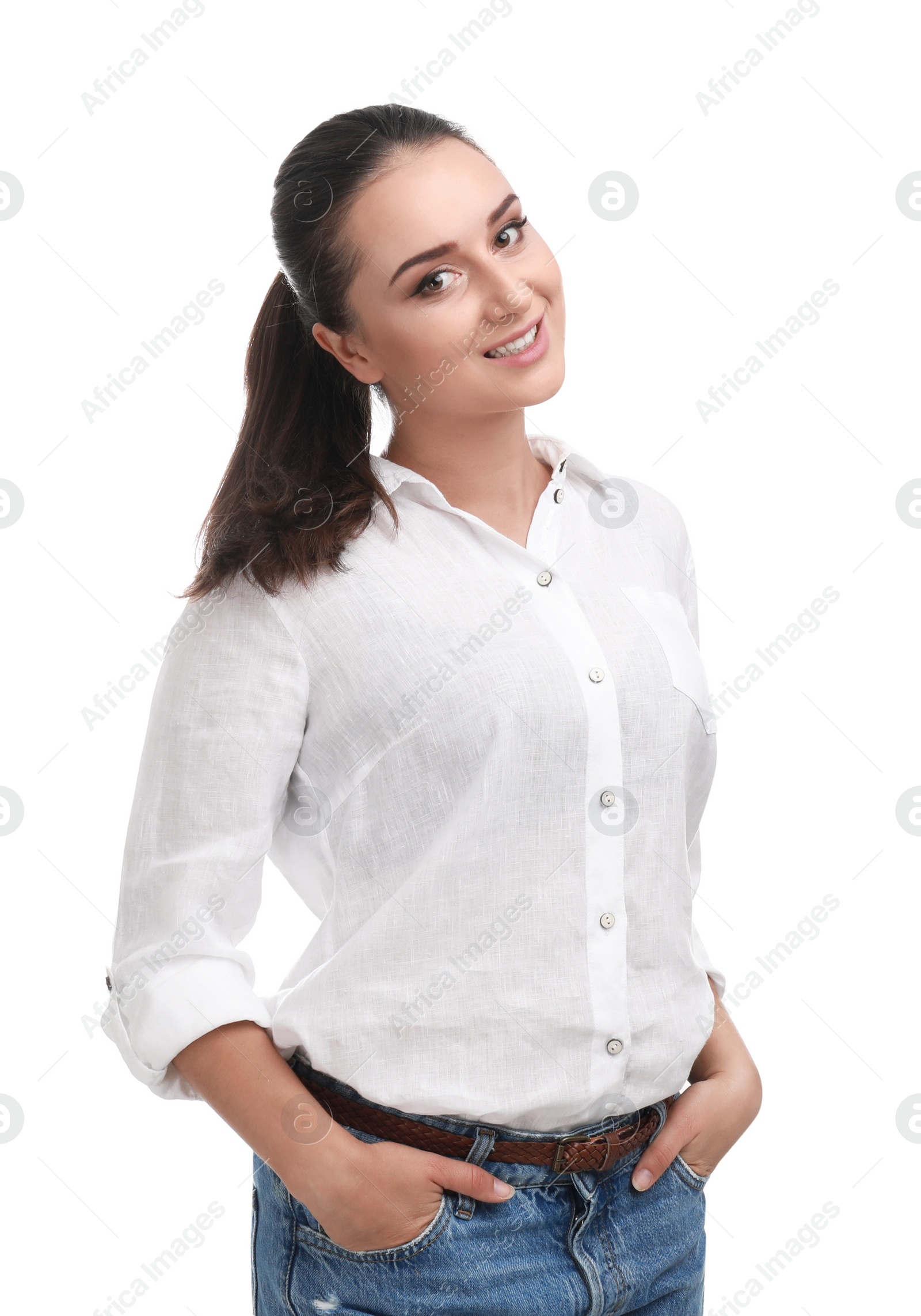 Photo of Beautiful young woman in casual outfit on white background