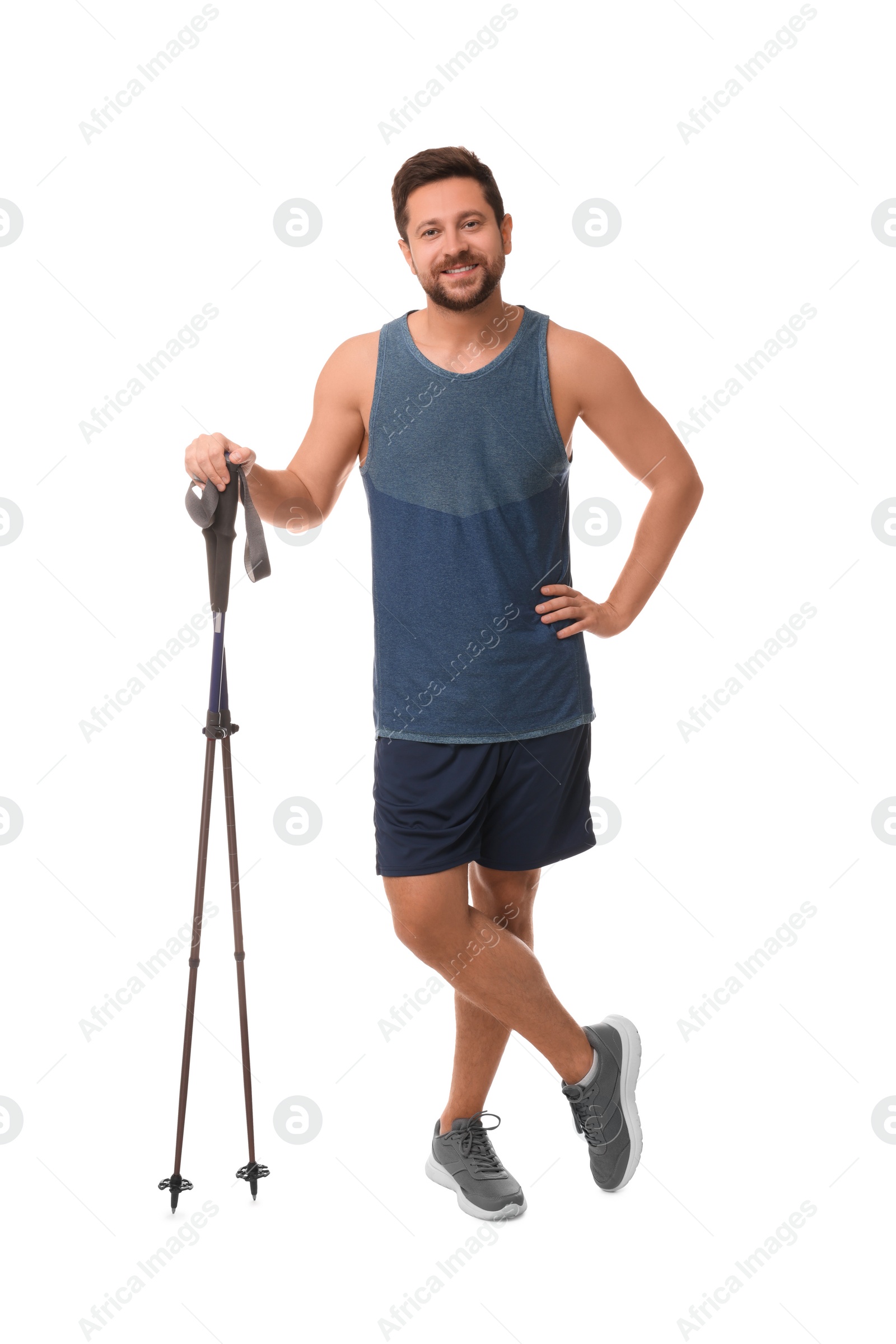 Photo of Man with poles for Nordic walking isolated on white