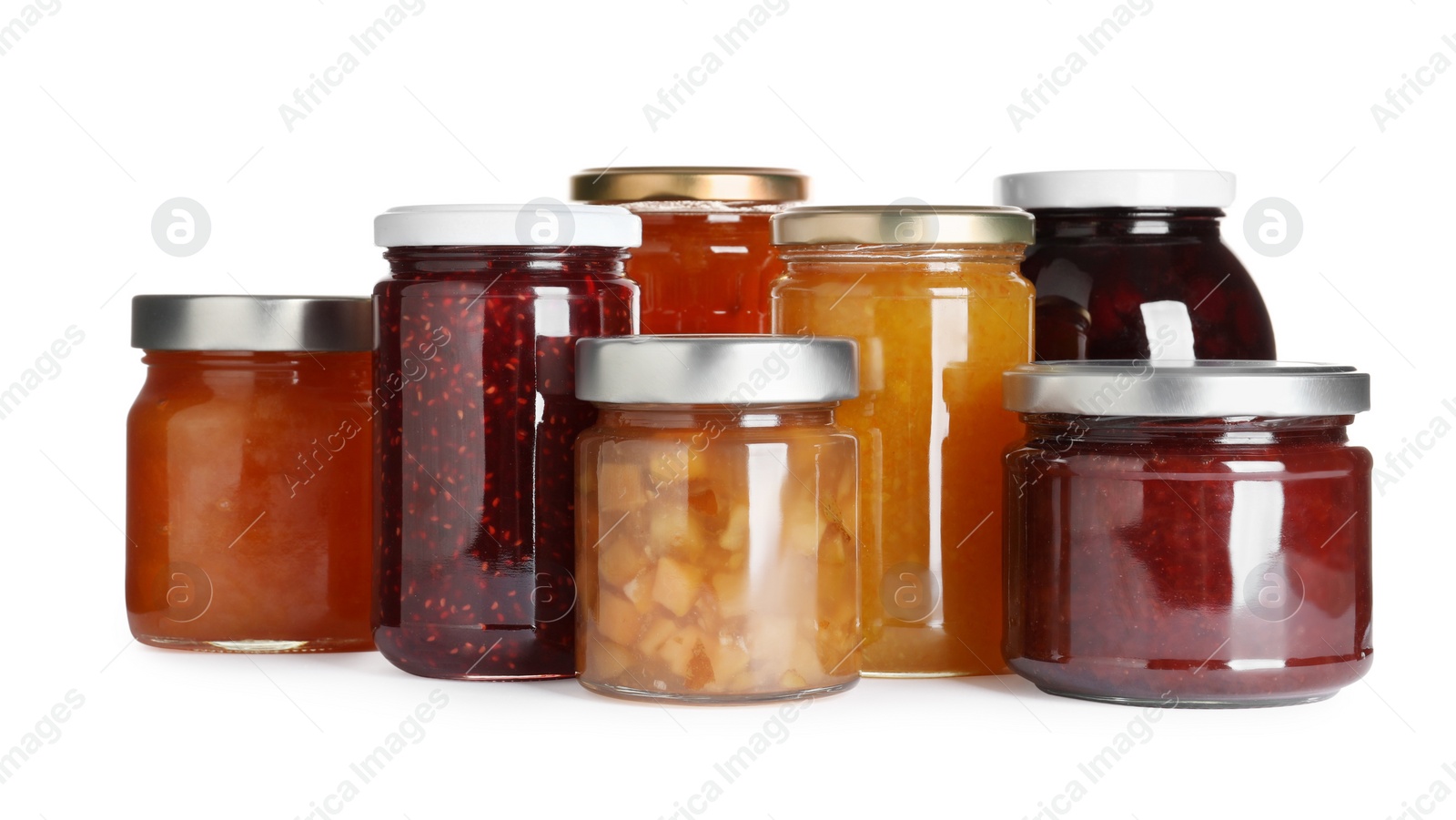 Photo of Jars with different jams on white background