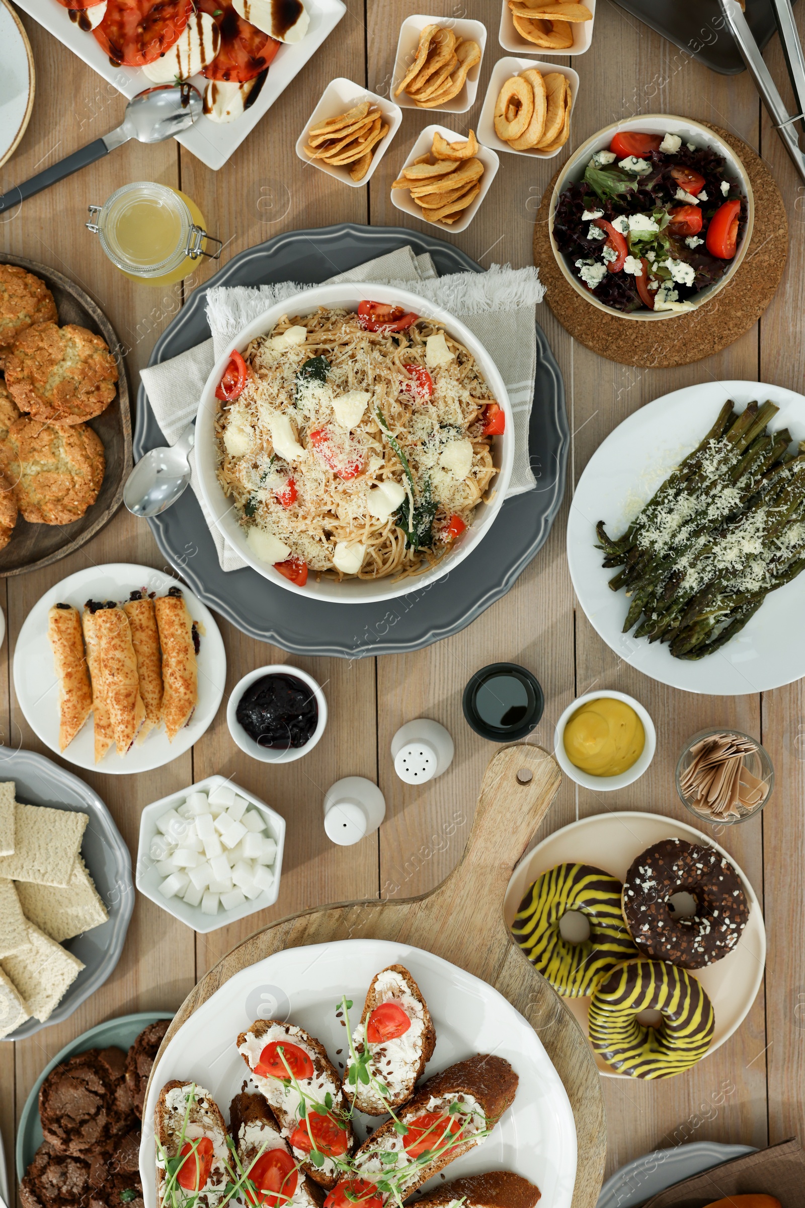 Photo of Brunch table setting with different delicious food, flat lay