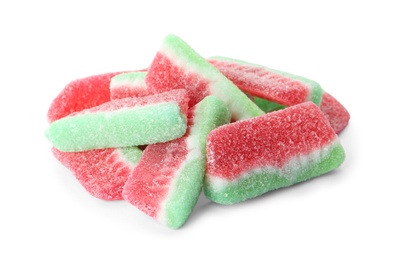 Pile of delicious jelly candies on white background