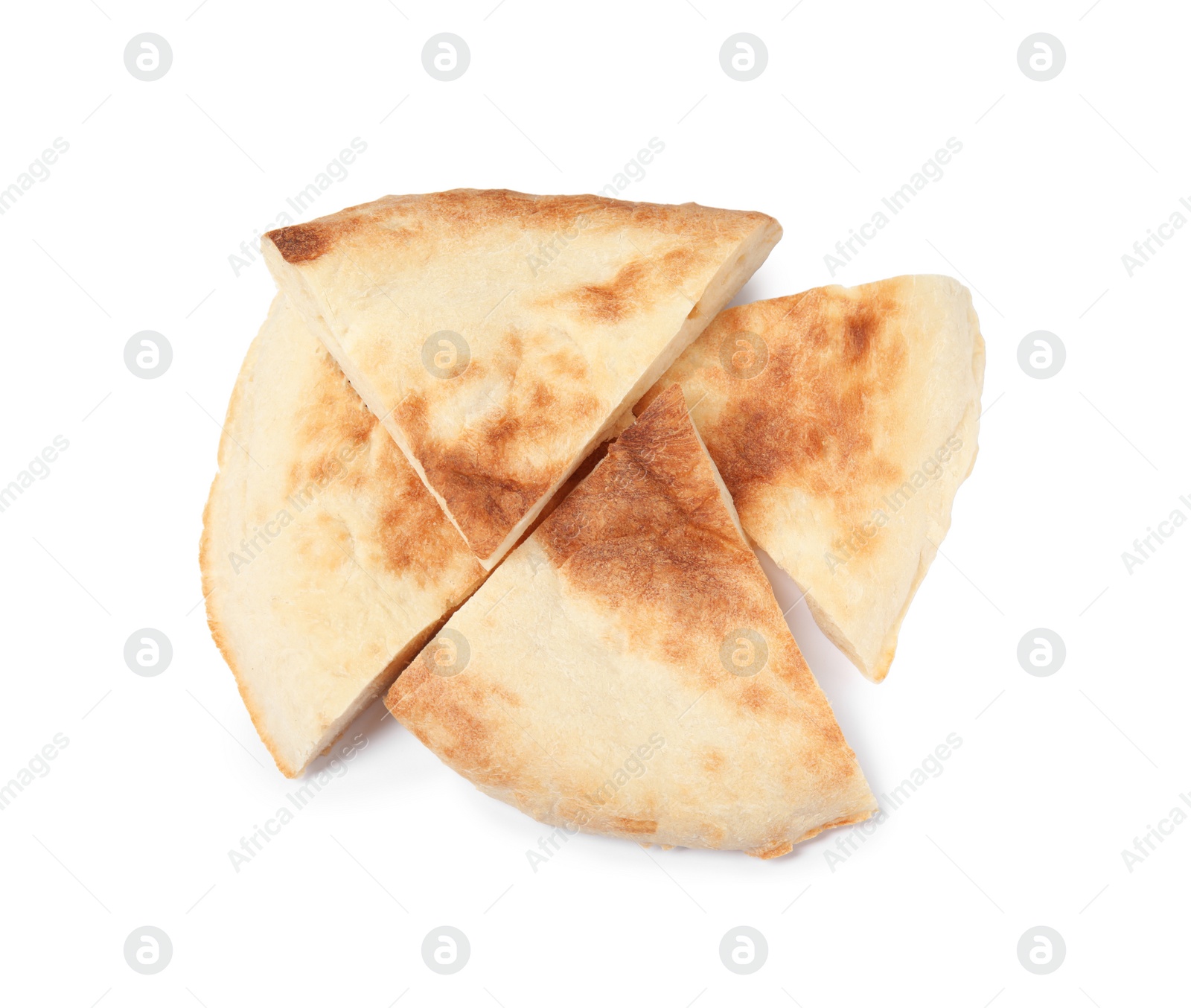 Photo of Cut fresh pita bread on white background, top view