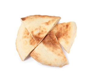 Photo of Cut fresh pita bread on white background, top view