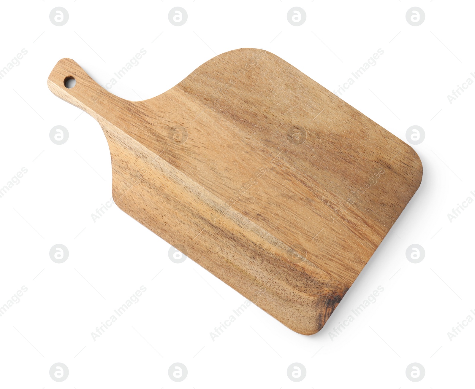 Photo of One wooden cutting board on white background, top view