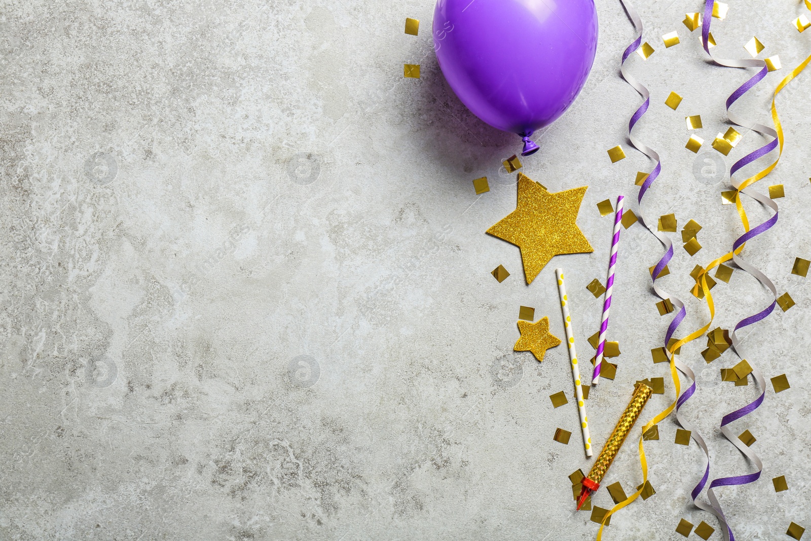 Photo of Flat lay composition with party decor and air balloon on grunge background