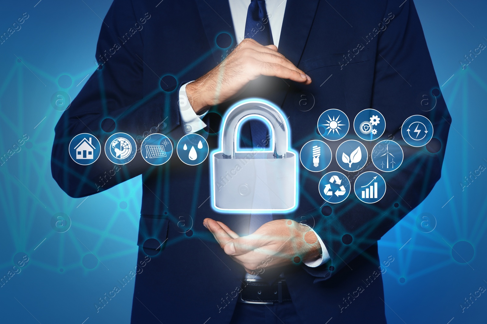 Image of Home security concept. Man holding lock on light blue background, closeup