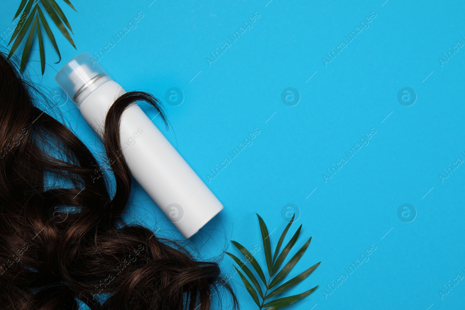 Photo of Lock of healthy brown hair, green twigs and cosmetic product on light blue background, flat lay. Space for text