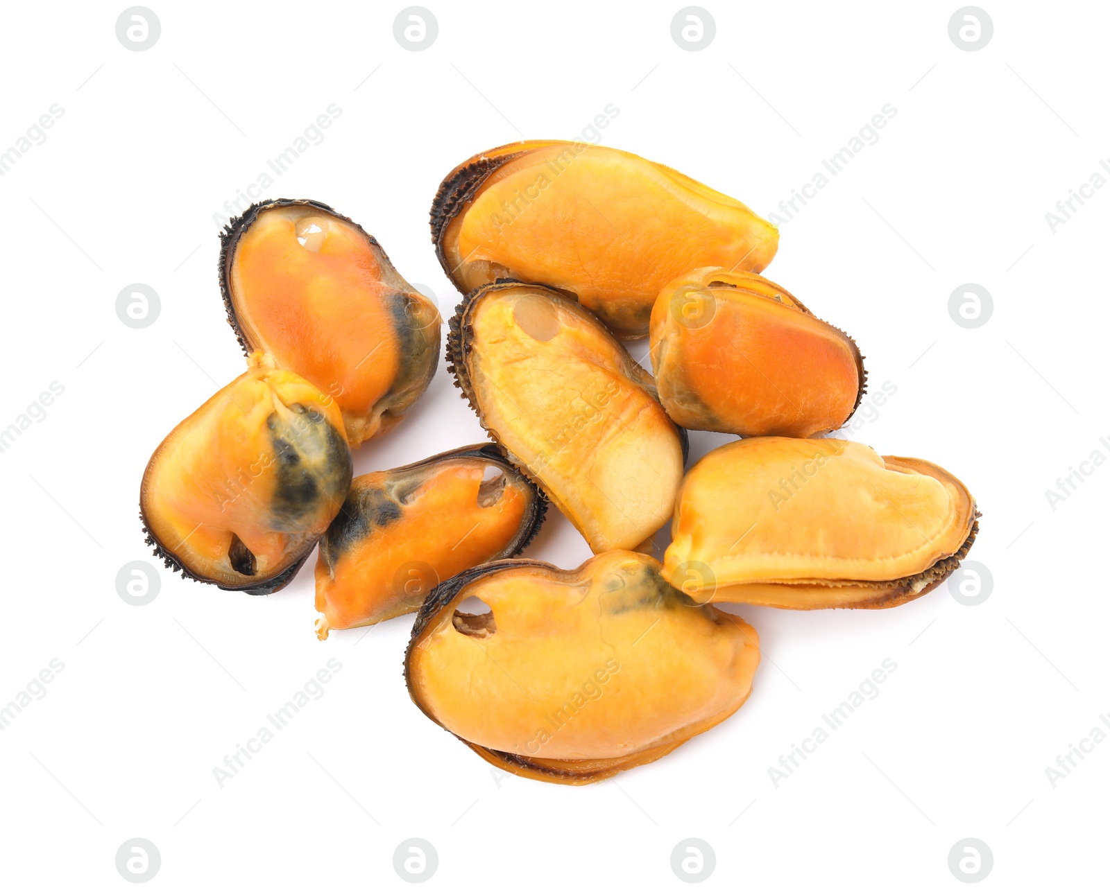 Photo of Heap of delicious cooked mussels on white background, top view