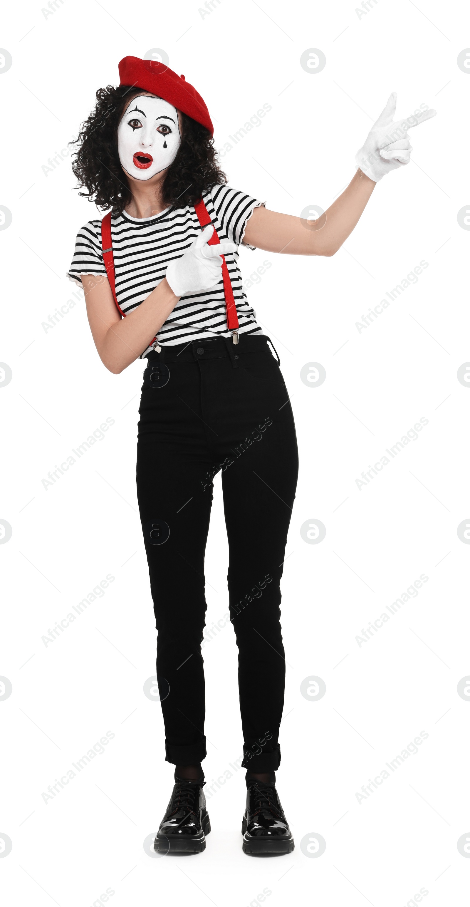 Photo of Funny mime with beret posing on white background