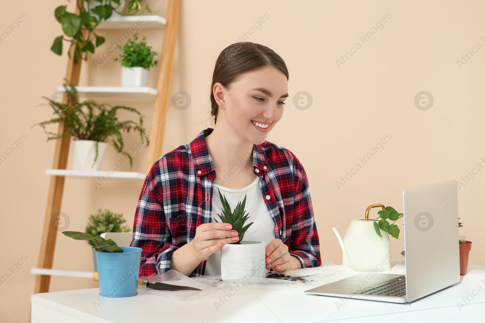 Photo of Woman taking care of plant following online gardening course at home. Time for hobby