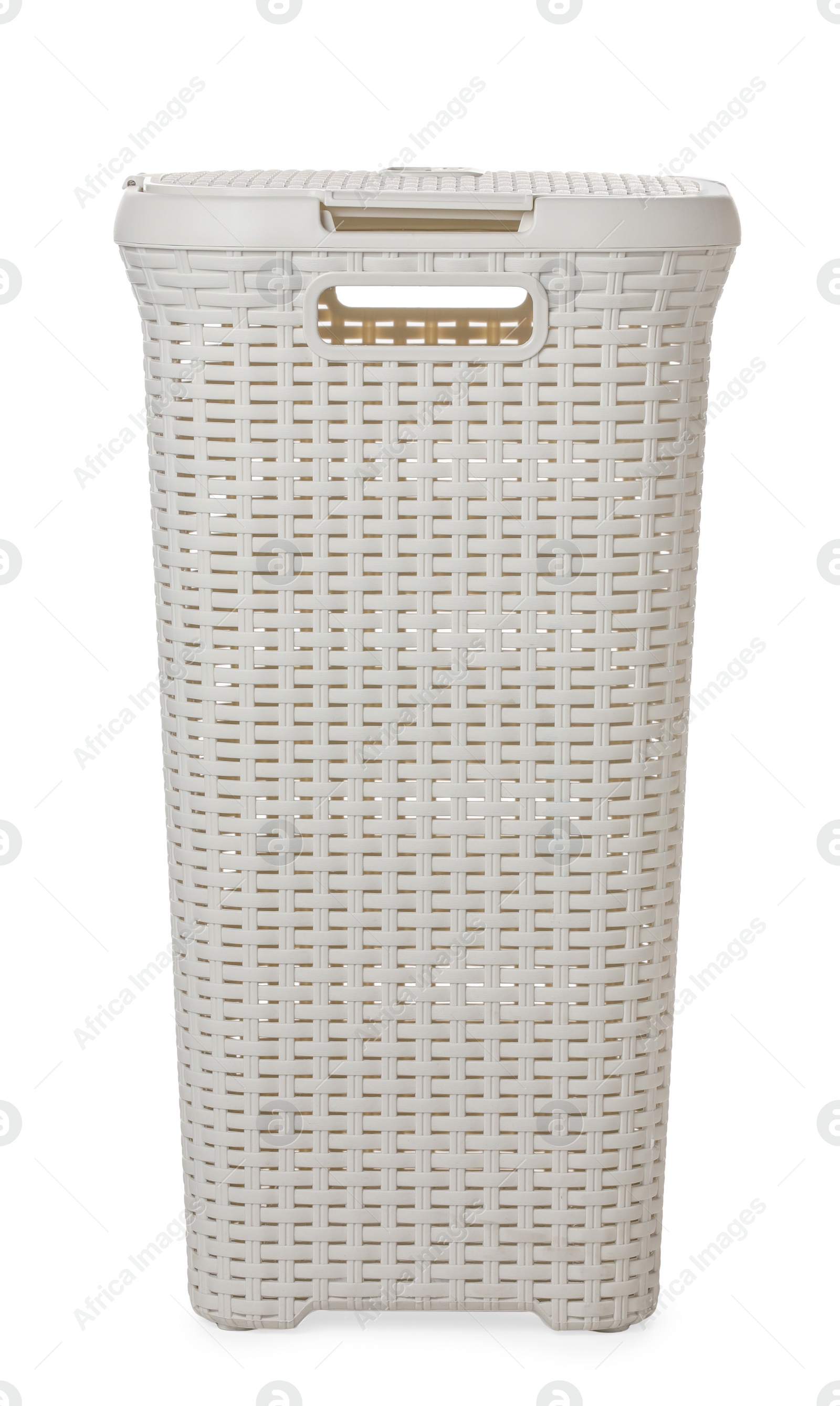 Photo of One empty plastic laundry basket isolated on white