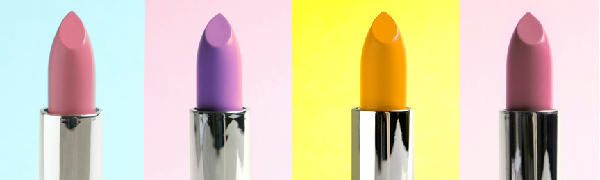 Image of Collage with photos of different lipsticks on color backgrounds, banner design 