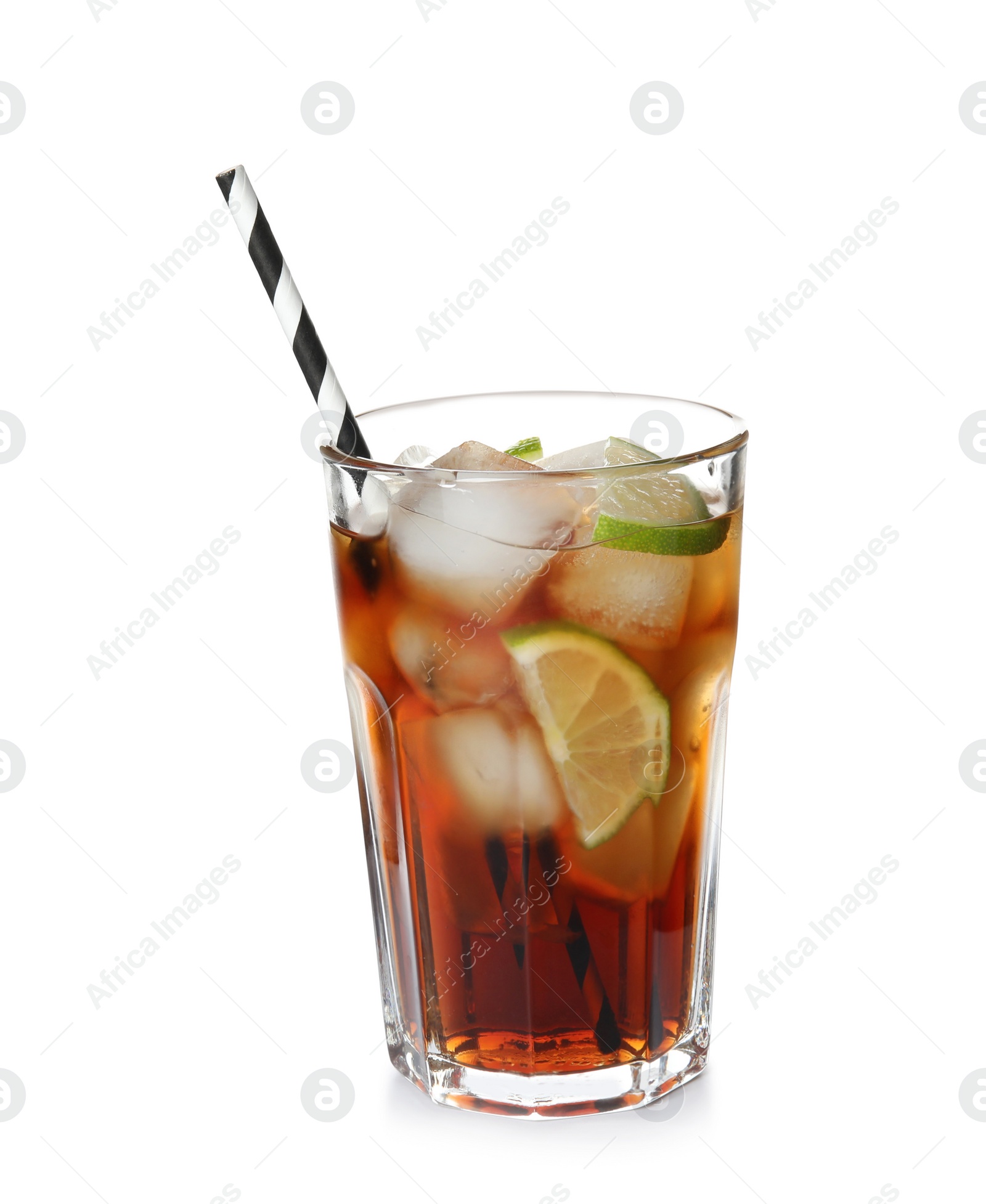 Photo of Glass of cocktail with cola, ice and cut lime on white background