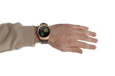 Image of Man measuring oxygen level with smartwatch on white background, closeup