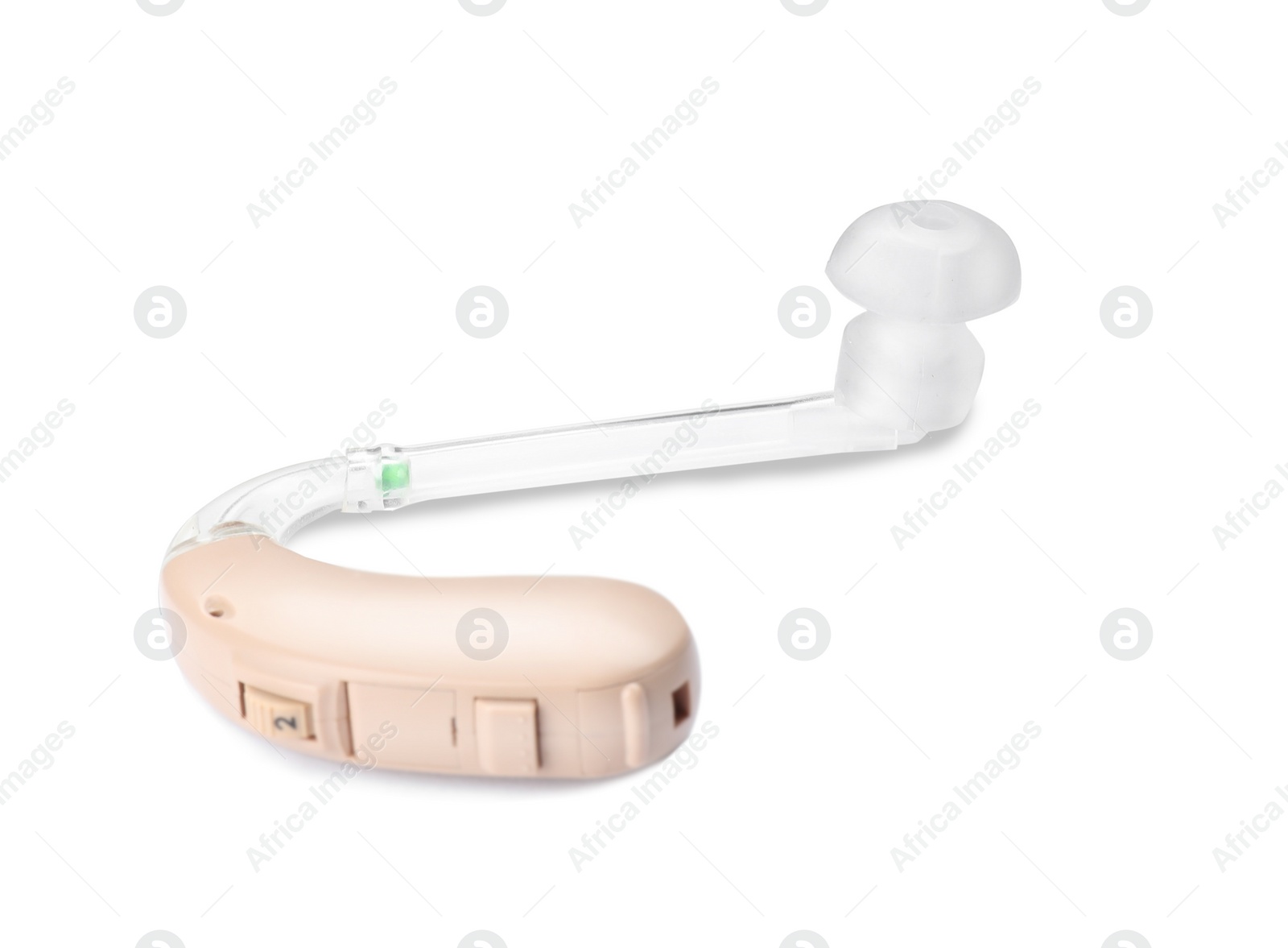 Photo of Hearing aid on white background. Medical device